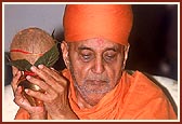 Swamishri holds the kalash during the yagna