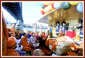 Swamishri's boat passes beneath Sydney Harbor Bridge