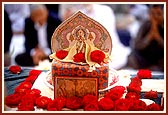 Swamishri performs his morning puja at the Akshardham site on the day of the Dwarshakh shila pujan ceremony