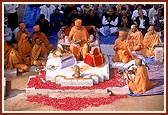 Swamishri, senior sadhus and devotees perform the arti