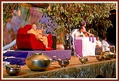 The stage was colorfully decorated for the symbolic celebration of Pushpadolotsav