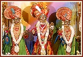 Shri Gunatitanand Swami, Shri Sahajanand Swami and Shri Gopalanand Swami adorned in consonance to the festival of colors