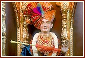 Shri Ghanshyam Maharaj with a spray-pump in hand