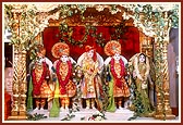 (L to R) Shri Ayodhyaprasadji Maharaj, Shri Raghuvirji Maharaj, Shri Ghanshyam Maharaj, Shri Dharmadev and Bhaktimata