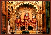 In Laxmivadi at the memorial mandir of Shriji Maharaj (L to R) Ichharambhai, Shriji Maharaj and Raghuvirji Maharaj