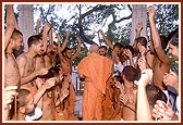Swamishri with sadhus standing in a posture of austerity like Nilkanth Varni