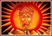 The beautiful giant backdrop depicted the kirtan "Preme pragatya re suraj Sahajanand, adharma andharu taliyu ..." with cut-out illustrations about the life and work of Bhagwan Swaminarayan 