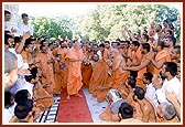 As the chorus 'Aje Yagnapurushne dwar nobat vage re lol…' rises to a crescendo Swamishri then dances and plays the kartal with Ghanshyamcharan Swami
