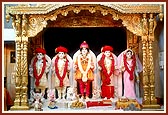(L to R) Shri Ayodhyaprasadji Maharaj, Shri Raghuvirji Maharaj, Shri Ghanshyam Maharaj, Shri Dharmadev and Bhaktimata