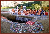 Swamishri during the rituals of the foundation-stone laying ceremony of the mandir expansion project