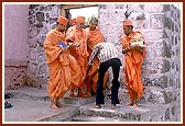 Swamishri after doing darshan of the mandir in Dangra