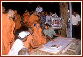 Swamishri on an observation tour of the new construction in the mandir