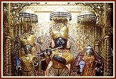 Shri Harikrishna Maharaj and Shri Radha Krishna Dev adorned in chandan