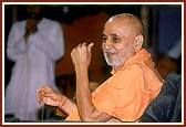 Swamishri in a joyous mood in the Children's Day assembly