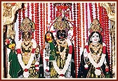 Shri Harikrishna Maharaj and Shri Radha Krishna Dev decorated for the festival of Rakshabandhan