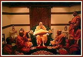 Swamishri and sadhus offer prayers in the evening after hearing news about the terrorist attack on Akshardham