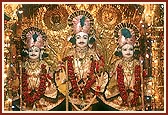 Bhagwan Swaminarayan (center), Iccharambhai and Raghuvirji Maharaj at the Laxmivadi mandir