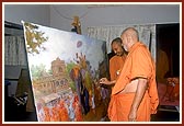 Swamishri visits the art room where paintings are done by sadhus