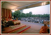 Sadhus and devotees during Swamishri's birthday celebration puja
