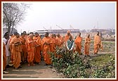Swamishri visits and learns of the details about the nursery where plants are being nurtured for the gardens in the Akshardham complex