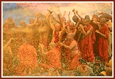 Swamishri sprayed left, right and center on devotees and sadhus. The powerful spray simply drenched all in a wave of joy and glory. The divine sight and experience made everyone oblivious of the mundane world.