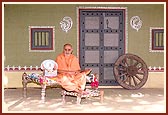 Swamishri with Shri Harikrishna Maharaj seated on a khatli