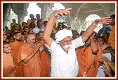 In joyous celebration of Bhagwan Swaminarayan's birthday celebration, Shri Raghu Bharwad and Pujya Bhagwatcharan Swami dance before Swamishri