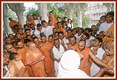 In joyous celebration of Bhagwan Swaminarayan's birthday celebration, Shri Raghu Bharwad and Pujya Bhagwatcharan Swami dance before Swamishri