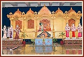 Swamishri in his morning puja with murtis to be consecrated for mandirs in USA