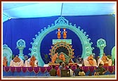 Swamishri on the decorative stage during the Guru Punam Festival