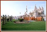 Swamishri during the flag hoisting ceremony on Independence Day