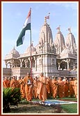 Swamishri during the flag hoisting ceremony on Independence Day