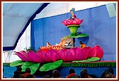Swamishri performs his morning puja on a decorative lotus stage