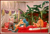 Swamishri listening to the 6-day discourse on Bhagvad Gita delivered by Pujya Adarshjivan Swami