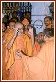 Swamishri blesses the sadhus offering their services for the exhibition