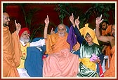 Swamishri with sadhus and devotees who participated in the Bhangda dance during the bhajan