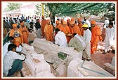 Swamishri showers his blessings and observes the work done by craftsmen at the BAPS workshop in Manpur