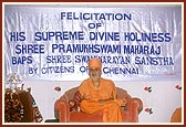 Swamishri is felicitated by the citizens of Chennai. A plaque is presented to Swamishri