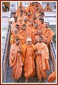 Swamishri descending the mandir stairs after darshan