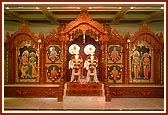 The deities at the BAPS Swaminarayan Mandir in Gandhinagar: Shri Akshar Purushottam Maharaj, Shri Radha Krishna Dev, Shri Sita Ram Dev and Shri Guru Parampara