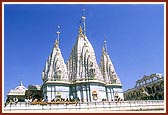 The grand shikhars of the mandir