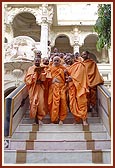 Swamishri descends the mandir steps after darshan