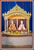 Newly installed murtis of Akshar Purushottam Maharaj and Guru Parampara in the new assembly hall at Borsad