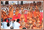 Swamishri in joyous mood as the newly initiated sadhus dance in celebration