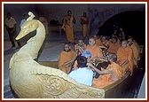 In a peacock shaped boat in Exhibition Hall No 2
