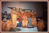 Swamishri at the under-construction giant screen film theater where the film on Nilkanth Varni will be shown on a 65 X 85 feet screen&nbsp;