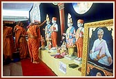 Swamishri performs the murti-pratishtha rituals of murtis for BAPS Swaminarayan Mandir for Dodiyala village