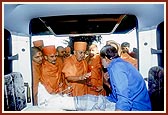Swamishri blesses a devotee recovering from an accident