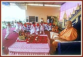 Devotees of Badalpur sing traditional bhajans and play instruments during Swamishri's morning puja at Akshar Farm