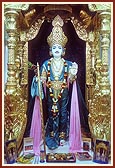 Shri Ghanshyam Maharaj in the new gold-leafed sinhasan